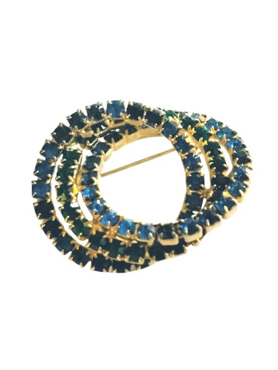 Vintage Jewelry - Triple Interlocking Circles Pin Blue Green Rhinestone Brooch